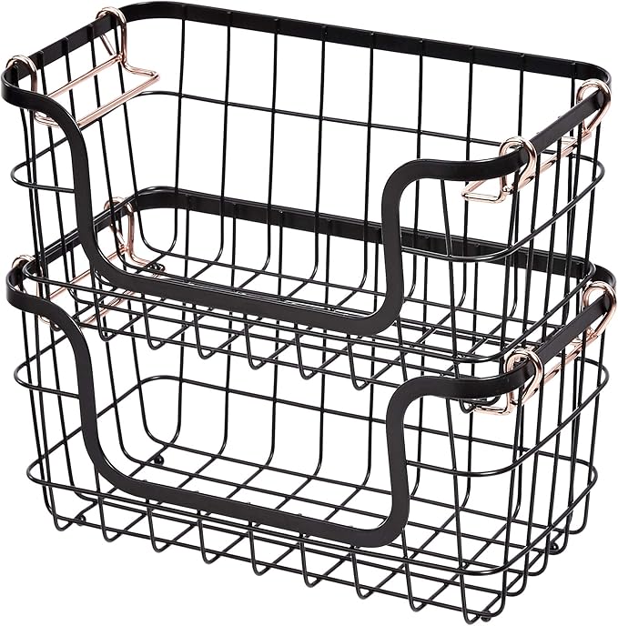 Amazon Basics Stackable Metal Wire Rectangular Storage Baskets for Kitchen, Bathroom or Pantry Organizing, 2 Count, Black