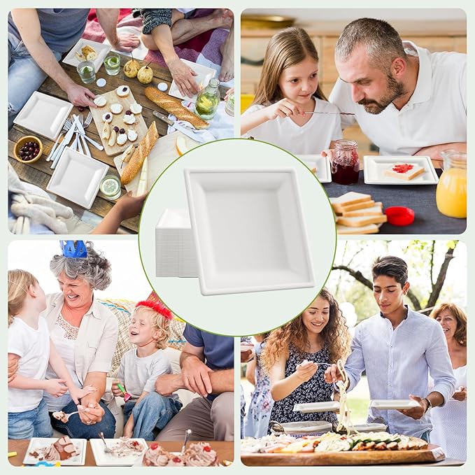 ECOLipak 10 Inch Square Paper Plates, 300 Pack Compostable Disposable Plate