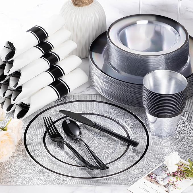 Goodluck 175 Pcs Clear Black Party Plates Cups Napkins Sets for 25 Guests
