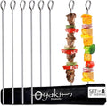 O-Yaki Flat Metal Kabob Skewer for Grilling Set of 8 BBQ Skewers Stainless Steel with Storage Bag, Dishwasher Safe with Hook Handle & Sharp Tip for BBQ, Cookouts & Oven Use 12 Inch