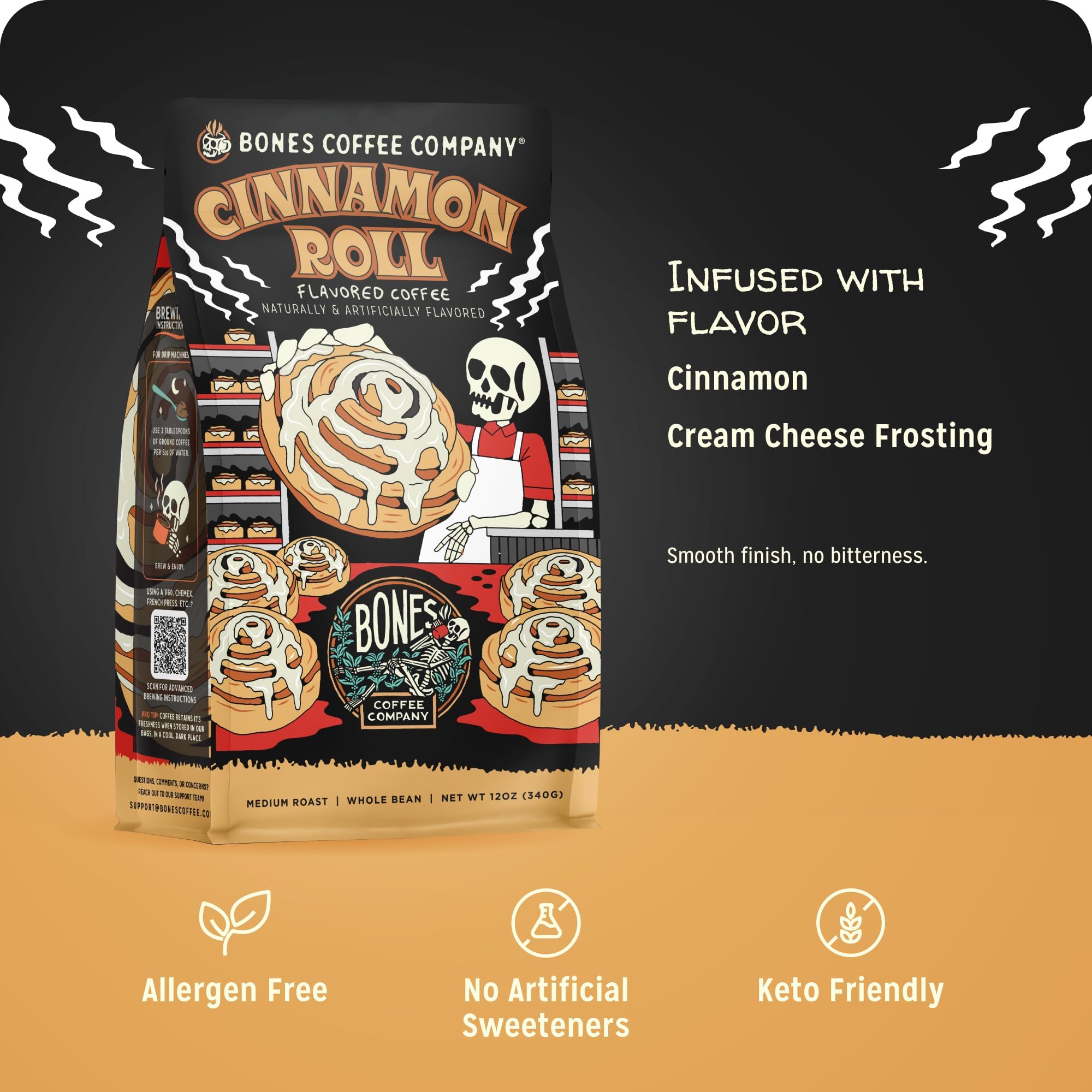 Bones Coffee Company Cinnamon Roll Flavored Coffee, Medium Roast Low Acid Arabica Beans Compatible with Auto drip and French Press Coffee Maker, 12 Oz Ground