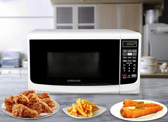 Farberware 0.7 Cu. Ft. Countertop Microwave Oven – 700 Watts Power, Auto Cook Settings, Defrost, Easy Clean and Child Safety Lock - White