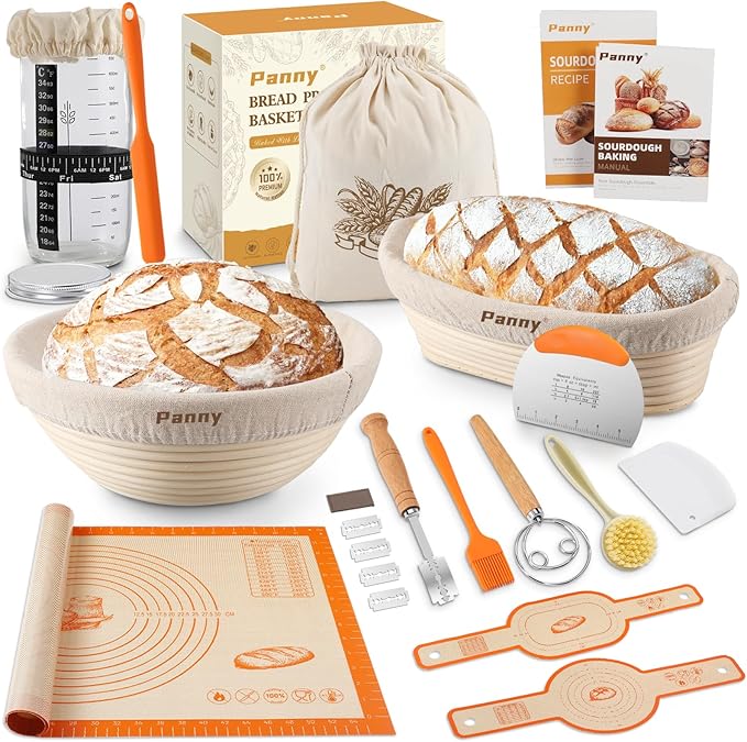 Panny Sourdough Starter Kit, Banneton Bread Proofing Basket with Glass Sour Dough Starter Jar, Sourdough Bread Baking Supplies, Making Tools, 9" Round & 10" Oval Baskets, Complete Gift for Men Women
