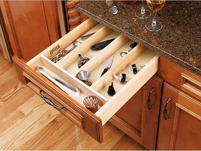 Rev-A-Shelf Custom Trim-to-Fit Silverware Drawer Organizer For Kitchen Utensils, Cutlery Cabinet Storage Divider Insert, 18.5" x 22", Maple Wood, 4WUT-1