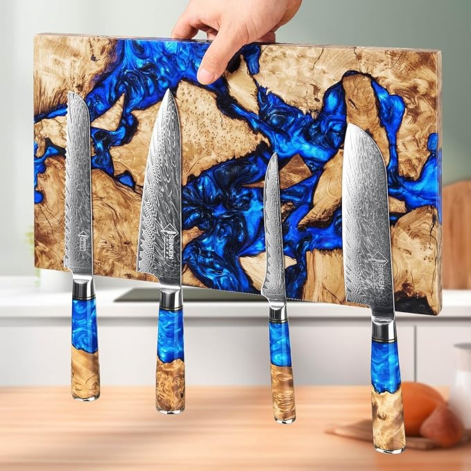 SENKEN "Dark Tsunami" Extra Large Magnetic Knife Block - Holds Up to 16 Knives - Knife Block without Knives, Beautiful Dark Blue Resin Burl Wood Blend Knife Holder ("Dark Tsunami " Blue Resin Blend)