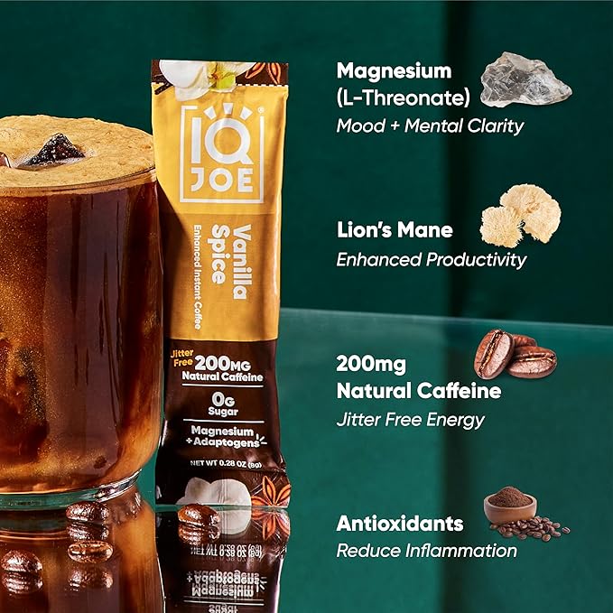 IQJOE Mushroom Coffee, Vanilla Spice, 40 Stick Packs | Keto, Zero Sugar