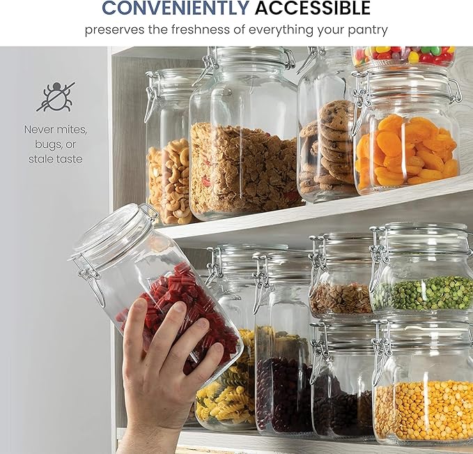 Bormioli Rocco Fido Squared Wide Mouth Glass Jar with Airtight Gasket Clamp Lid for Canning and Food Storage, Clear Top, 67.75 oz.