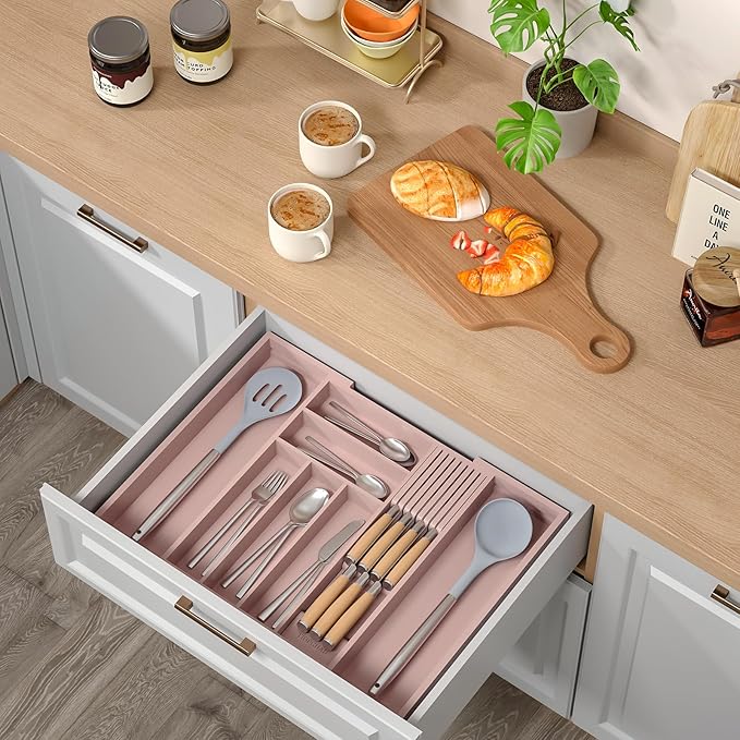 TIOPGHAD Expandable Bamboo Silverware Drawer Organizer Tray, Grey Pink