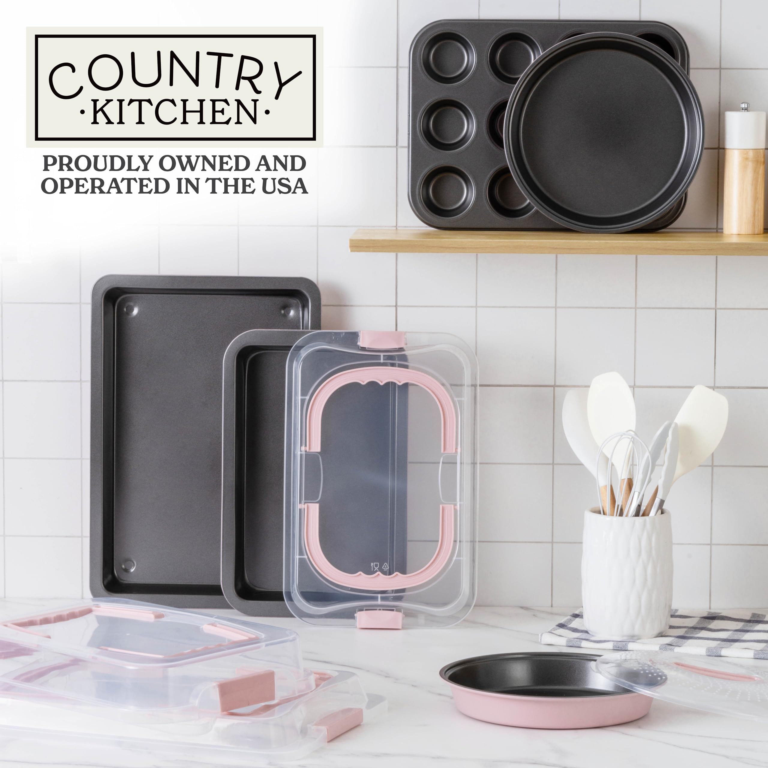Country Kitchen Baking Pans Set - 10 Piece Non-Stick Cake Pans with Carry Lids for Easy Storage & Travel, Perfect for Parties - Stackable, Pink
