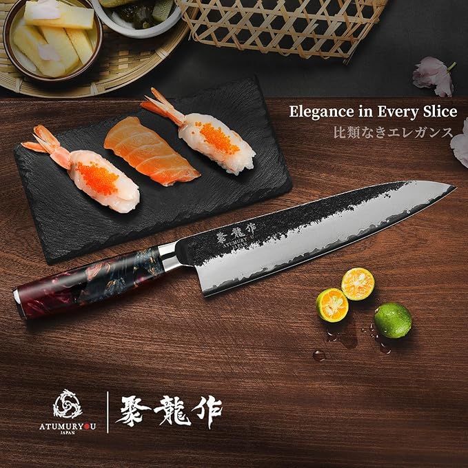 8.27 Inch Japanese Gyuto Chef Knife, Black Forged 3-Layer VG10 Steel Core