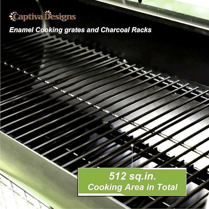 Captiva Designs Charcoal Grill with Offset Smoker for Outdoor Barbecue