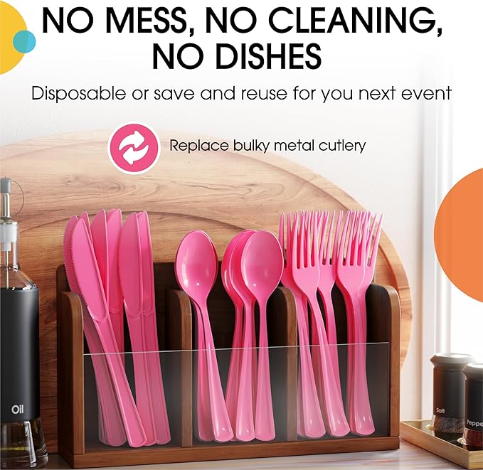 Party Solids Cerise Plastic Silverware Heavy Duty 150 Pieces Cerise Disposable Silverware Heavy Duty, Utensil Sets, 50 Of Each Forks, Knives & Spoons Disposable Cutlery Set For Party Supplies