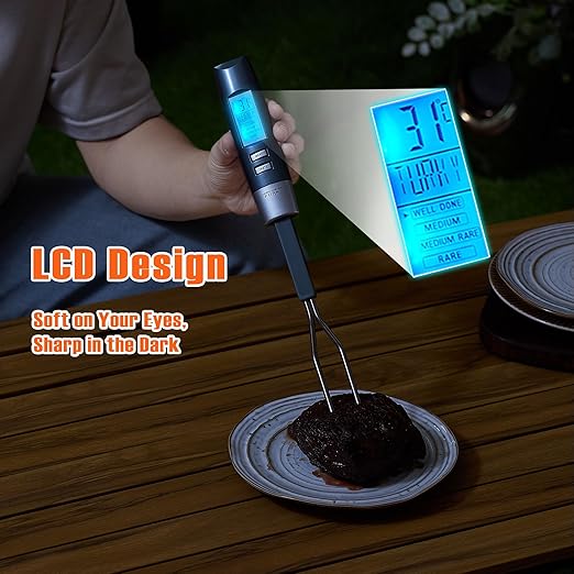 lfcforldx Meat Thermometer Fork for BBQ & Grilling – Instant Read Food Thermometer with Preset Meat Temperatures, Long Heat-Safe Handle, Backlit LCD for Steak, Chicken & Outdoor Cooking, Black