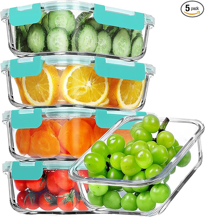 VERONES 5 PACK 36 OZ Glass Meal Prep Containers Set with Lids, Green