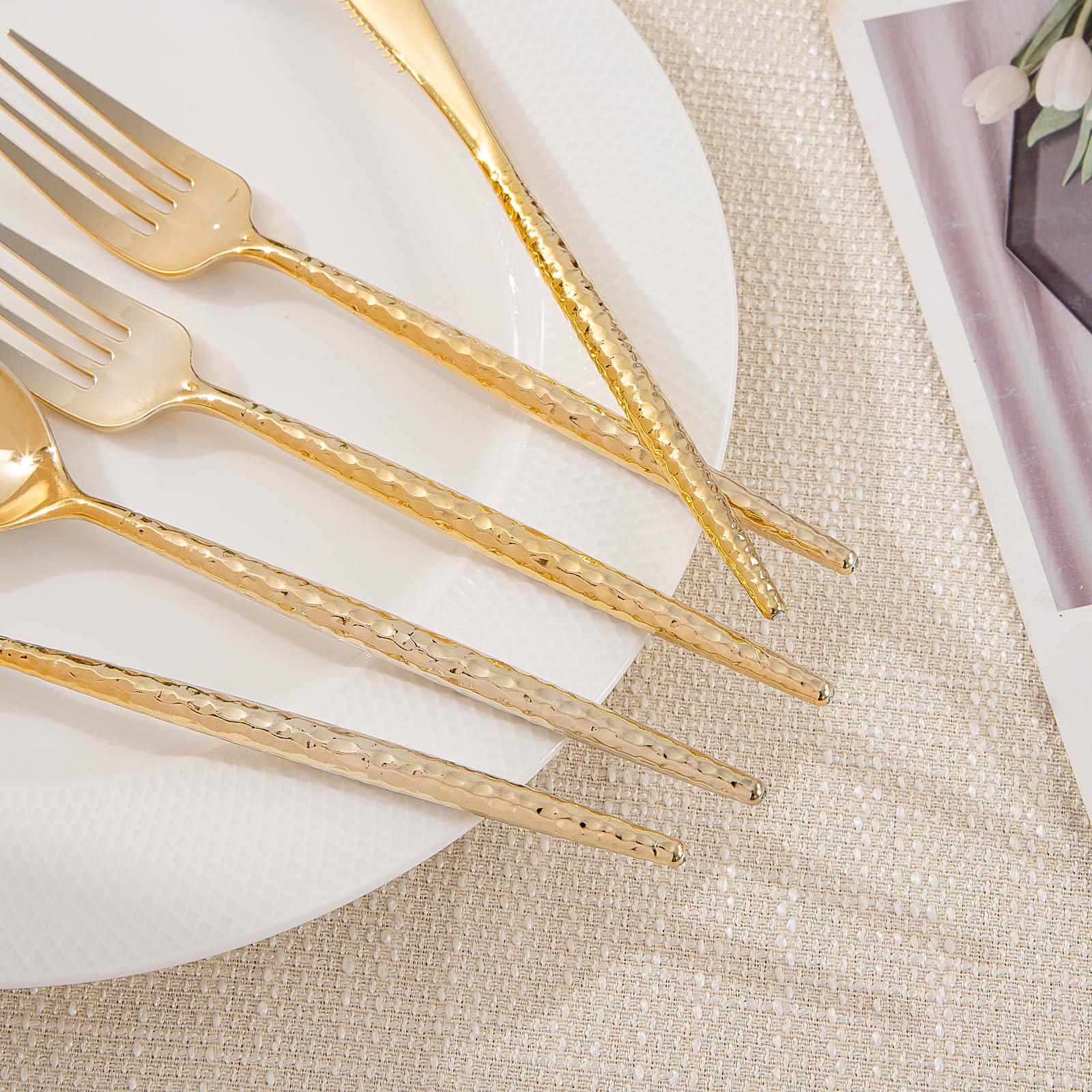LIYH 102 Pcs Gold Plastic Silverware Cutlery Sets - Disposable Plastic Silverware Heavyduty, Disposable Utensil Sets, 34 of Each Forks, Knives & Spoons Flatware Set for Party Birthday