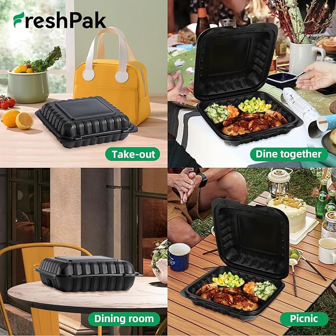 FRESHPAK 55-Pack 34oz 8x8 Black To Go Boxes - Shrink Wrapped Ready To Use