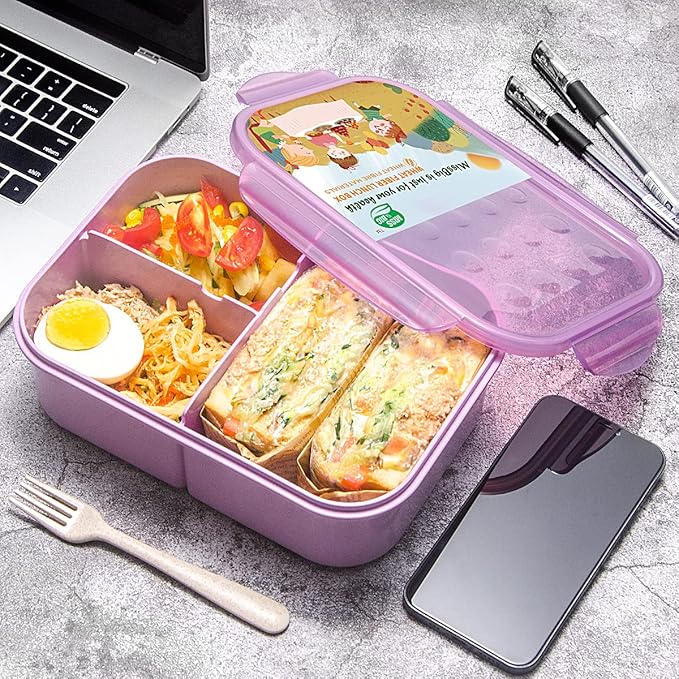 MISS BIG® Large Bento Lunch Box for Adults, 1900ml, 3 Compartments, Purple