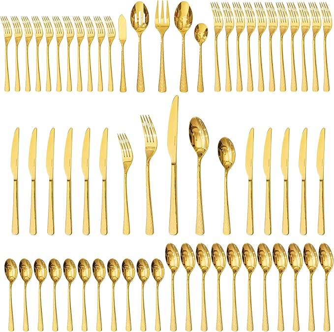 65 Piece Gold Silverware Set with Serving Utensils, 18/10 Stainless Steel