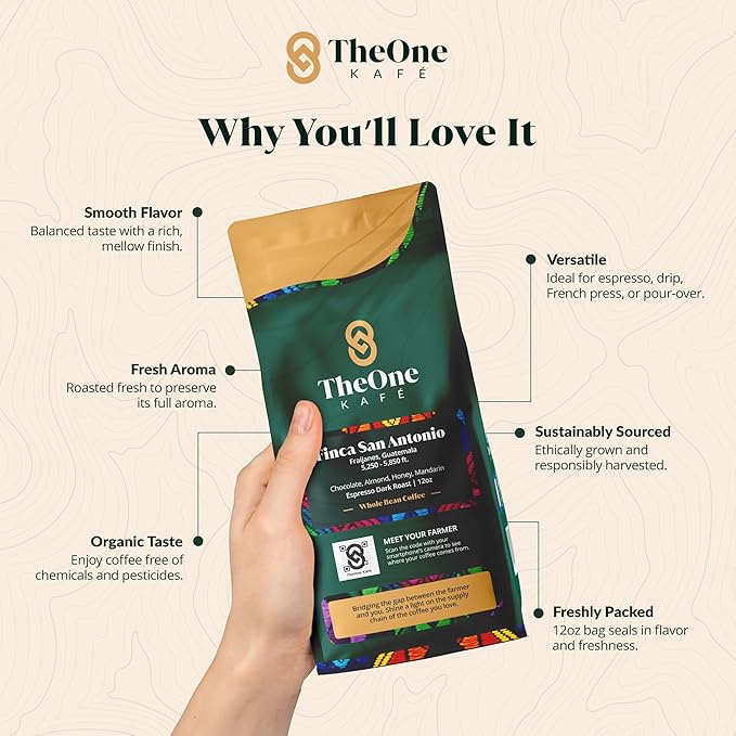 TheOne Kafé Guatemala Dark Roast Whole Bean Coffee – Organic, Single Origin, Premium Specialty Coffee, Ethically Sourced, Smooth & Rich Flavor – Fresh Roasted for Espresso, Drip, Pour Over – 12 oz