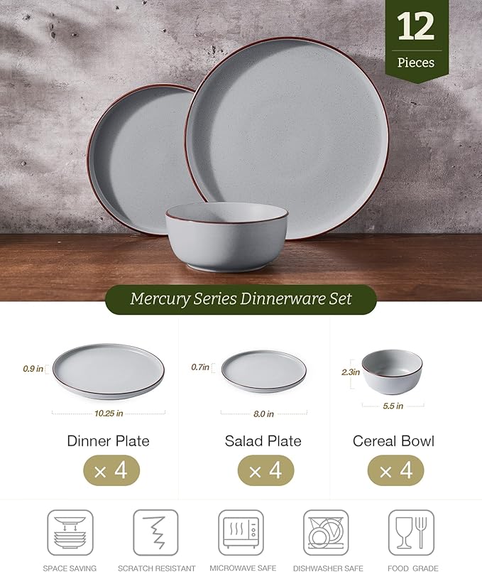 Famiware Mercury 12-Piece Stoneware Dinnerware Set, Light Grey