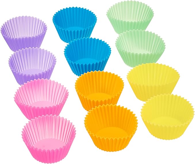 Amazon Basics Reusable Non-Stick Silicone Baking Cups, BPA Free, Muffin Liners, Dishwasher Safe, Microwave and Oven Safe, 2.9 x 2.9 x 1.3 in (LxWxH), Multicolor, 12-Pack
