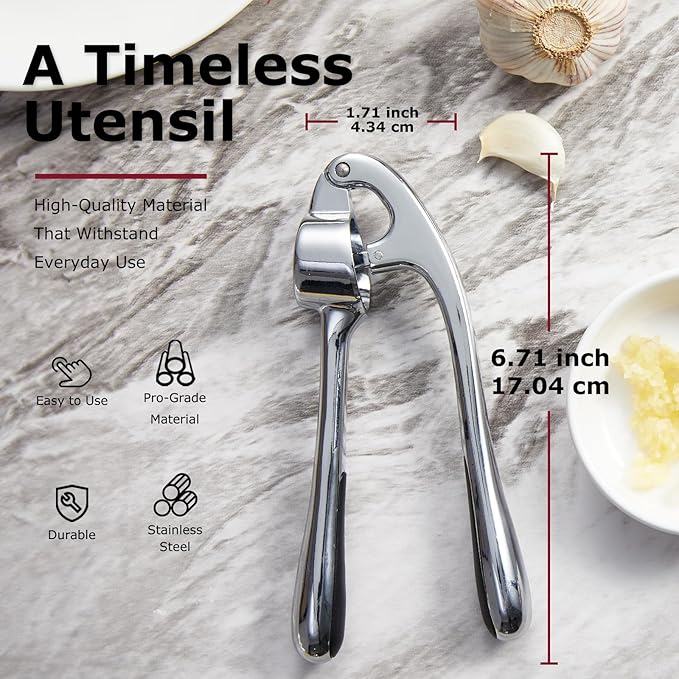 Kitessensu High Effective Premium Garlic Press Set, With Silicone Garlic Peeler & Brush, Heavy Duty Garlic Mincer, Easy to Squeeze and Clean, Rust Proof - Gloss Silver