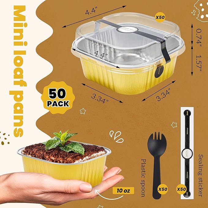 NPLUX Square Aluminum Pans with Lids, 50 Pack Gold for Dessert Displays