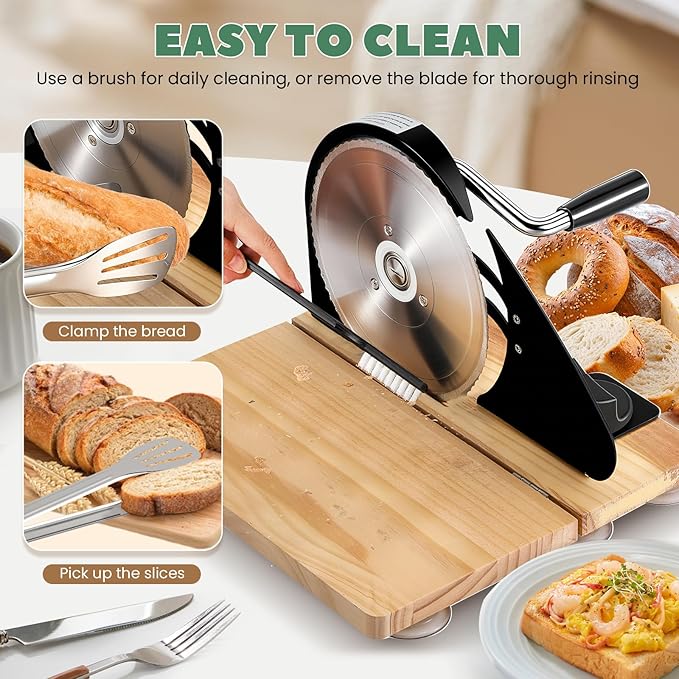 Huanyu Manual Bread Slicer Upgrade Foldable Sourdough Cutter Versatile Hand Crank Stainless Steel Blade Adjustable Thickness with Scale Line & Suction Cup for Homemade & Commercial Use Black