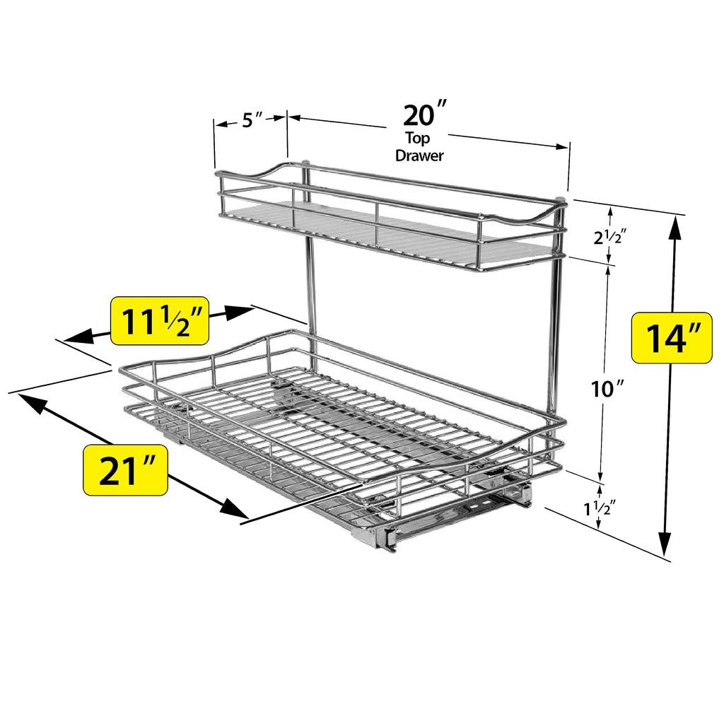 LYNK PROFESSIONAL® Pull Out Under Sink Kitchen Cabinet Organizer - 11.5 in. x 21 inch deep Drawer - Sliding Shelf Organizer for Cabinets and Undersink Storage Shelves - Lifetime Ltd. Warranty – Chrome