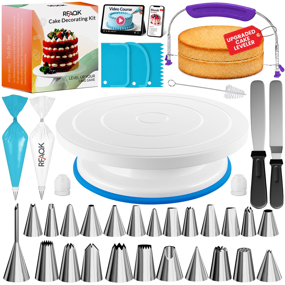 RFAQK 230PCs Cake Decorating Supplies Kit, Cake Decorating Set with Cake Turntable, Piping Bags and Tips, Modeling Tools, Cookie Plunger Cutters, Icing Smoother & Other Accessories for Cake Decoration