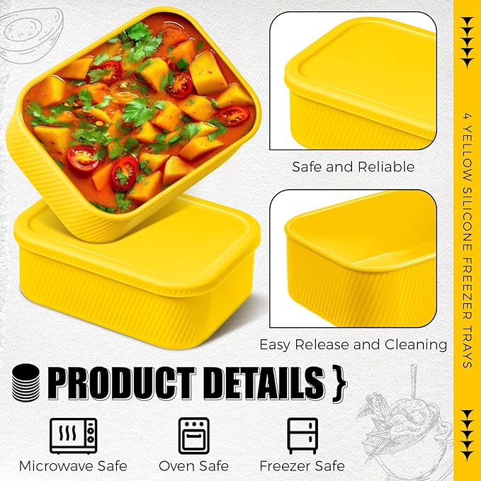 Nuogo 4 Pcs 6 Cup Silicone Freezer Trays with Lid Soup Containers, Yellow