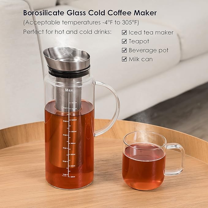 Aquach 51oz Cold Brew Coffee Maker, Borosilicate Glass Pitcher for Iced Tea