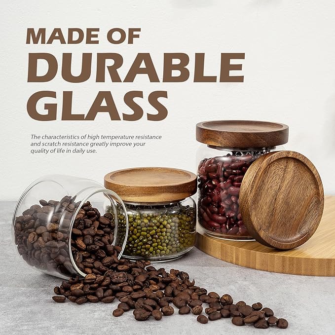 piconesper 2PCS Small Glass Storage Jars with Airtight Lids, 11 fl oz (300ml) coffee container with Wooden Lid, Glass Pantry Canister for Beans, Rice, Sugar and etc