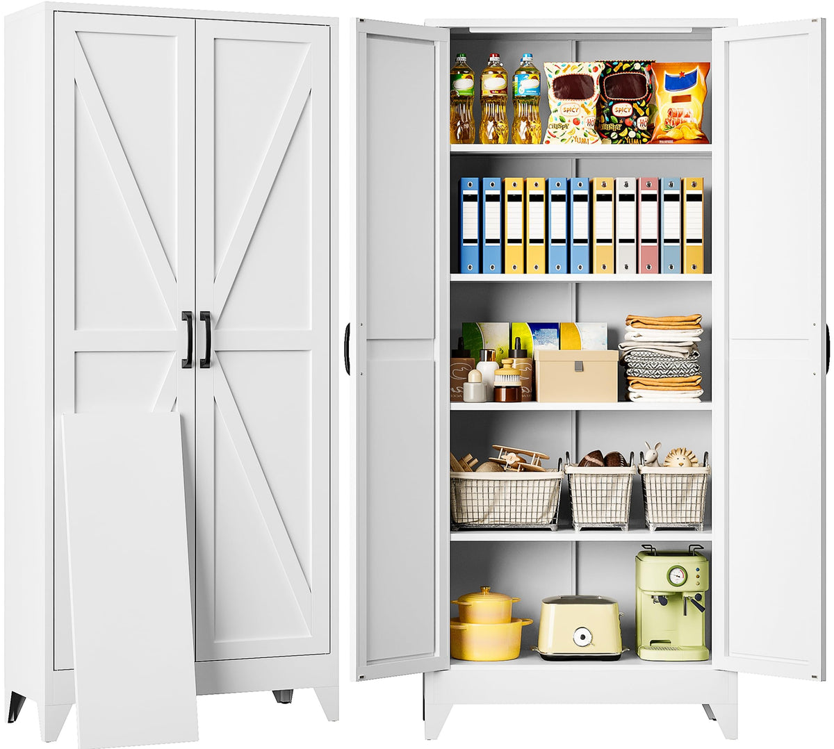 SISESOL 71" Tall Pantry Cabinet with 2 Doors and 5 Shelves,Kitchen Pantry Storage Cabinets,White Metal Storage Cabinet,Wide Deep Food Cupboard for Home,Kitchen,Dining/Living Room