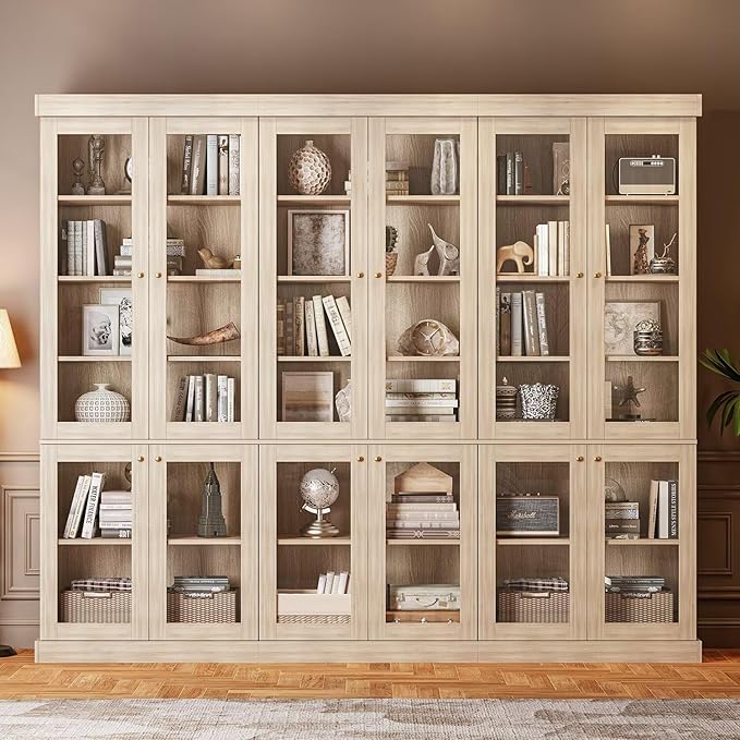 ivaniti 70.8" Tall Brown Bookshelf with Glass Doors, Farmhouse Modular Bookcase with 6-Tier Adjustable Shelves, Large Storage Cabinet for Home Office, Living Room, Set of 2