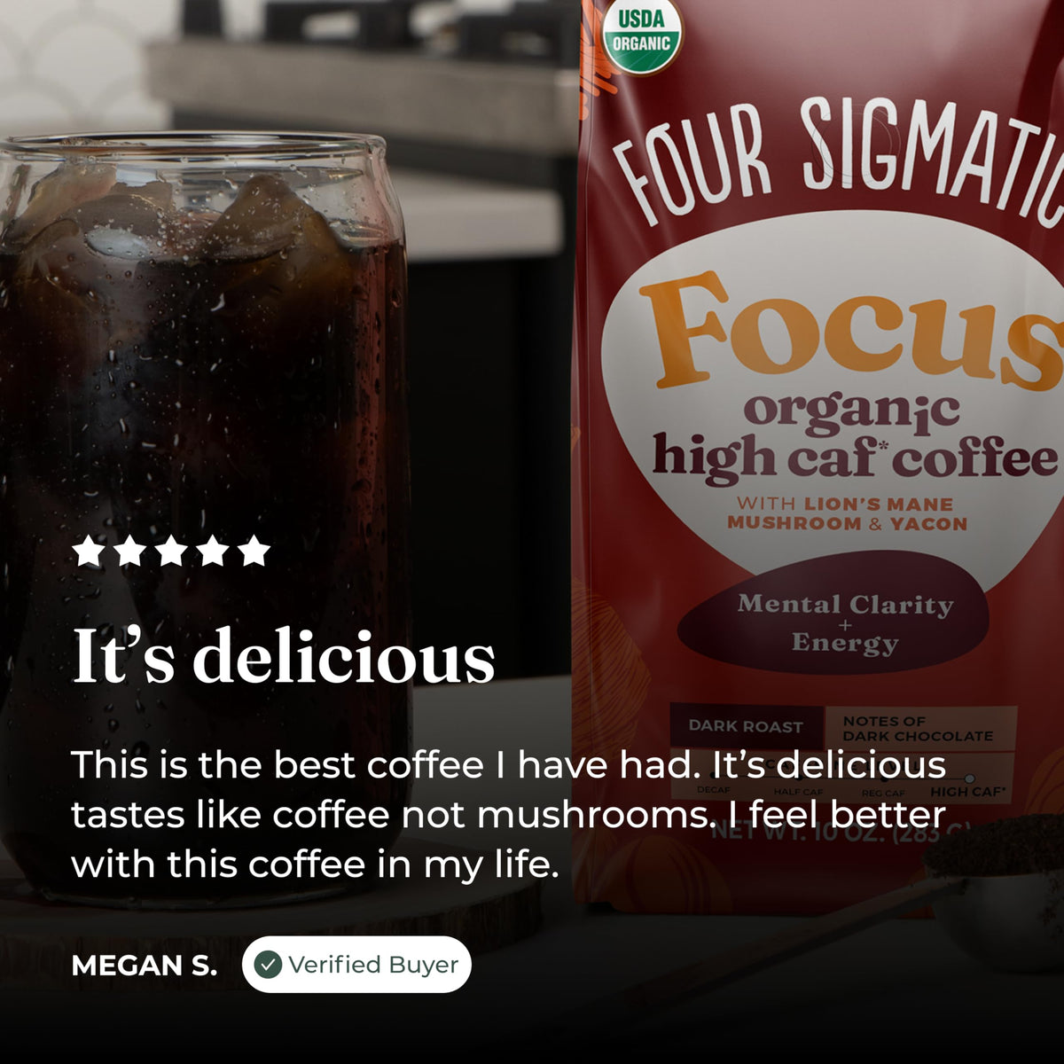 Four Sigmatic Focus Max High Caffeine Cordyceps Coffee | Organic Dark Roast High Caffeine Ground Coffee with Cordyceps, Lion's Mane and B12 | Energy Booster Without the Jitters | 10oz Bag