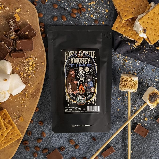 Bones Coffee Company NEW Favorite Flavors Sample Pack, Assorted Flavored Coffee Low Acid Medium Roast Arabica Beans Specialty Coffee Gifts, Auto Drip and French Press Compatible, 4 oz Pack of 5 Ground