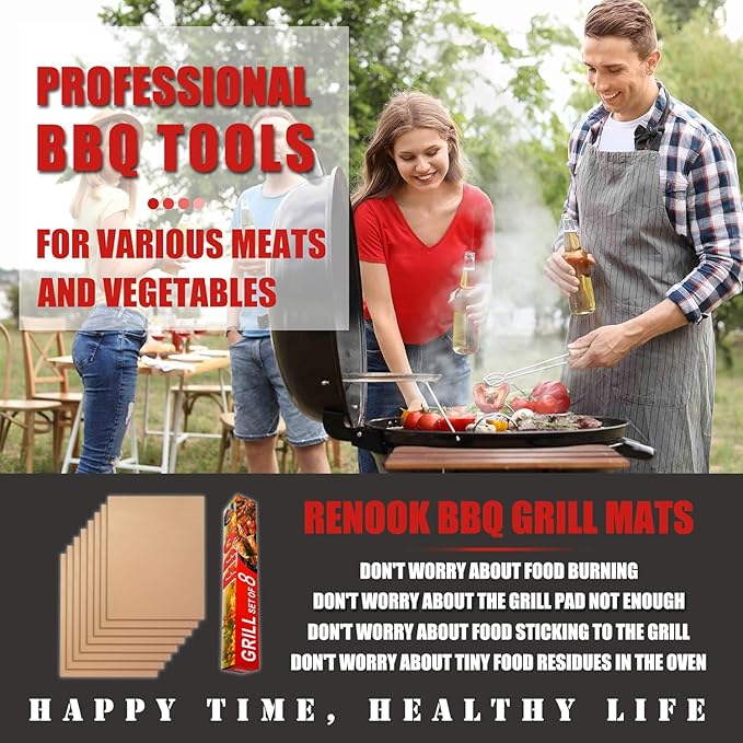 Renook Set of 8 Copper Grill Mats for Outdoor Gas Grill