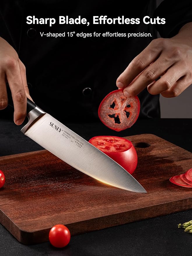 SUNLY Chef Knife, 8 Inch Professional Kitchen Knife with German 1.4116 Stainless Steel, 58±2 HRC Hardness, Full-Tang Design, Anti-Slip Handle for Meat, Fruits, Vegetables, Gift-Ready Magnetic Box