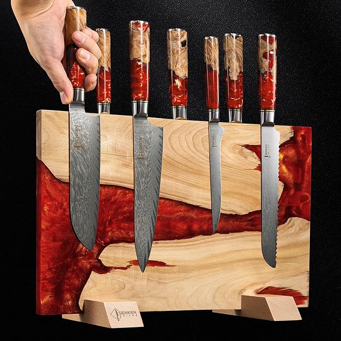 SENKEN "Red Tsunami" Extra Large Magnetic Knife Block - Holds Up to 16 Knives - Knife Block without Knives, Universal Knife Holder, Beautiful Red Resin Burl Wood Blend ("Crimson" Red Resin Blend)
