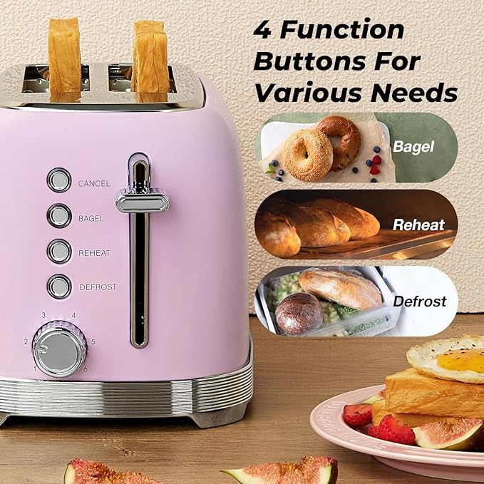 Culinaid Toaster 2 Slice Retro Stainless Steel, Pastel Pink