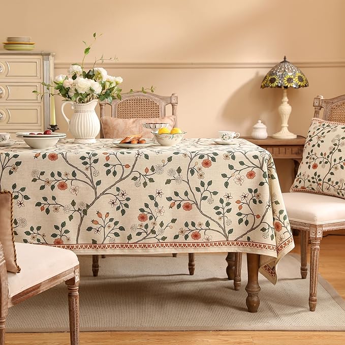 ISAENNE Vintage French Linen Rectangular Tablecloth,87"x55"-Flora A