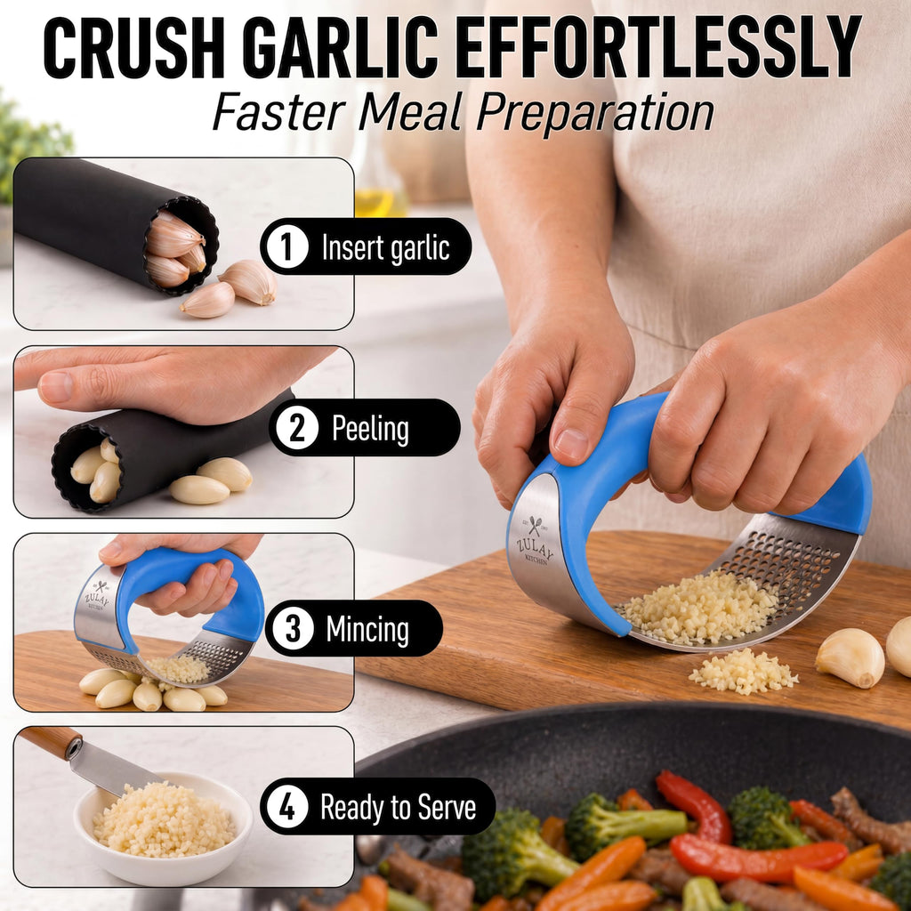 Zulay Kitchen Stainless Steel Garlic Press Rocker Set - Premium Garlic Mincer Garlic Crusher - New Innovative Garlic Crusher with Peeler and Scraper - Comfortable Grip (Blue)