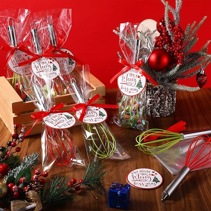 FoldTier 16 Sets 10 Inch Christmas Whisks Gifts DIY Fillable Christmas Tree Ornaments Xmas Colored Silicone Whisks for Cooking Heat Resistant Egg Beaters with Card Rope Bag for Candy Holder