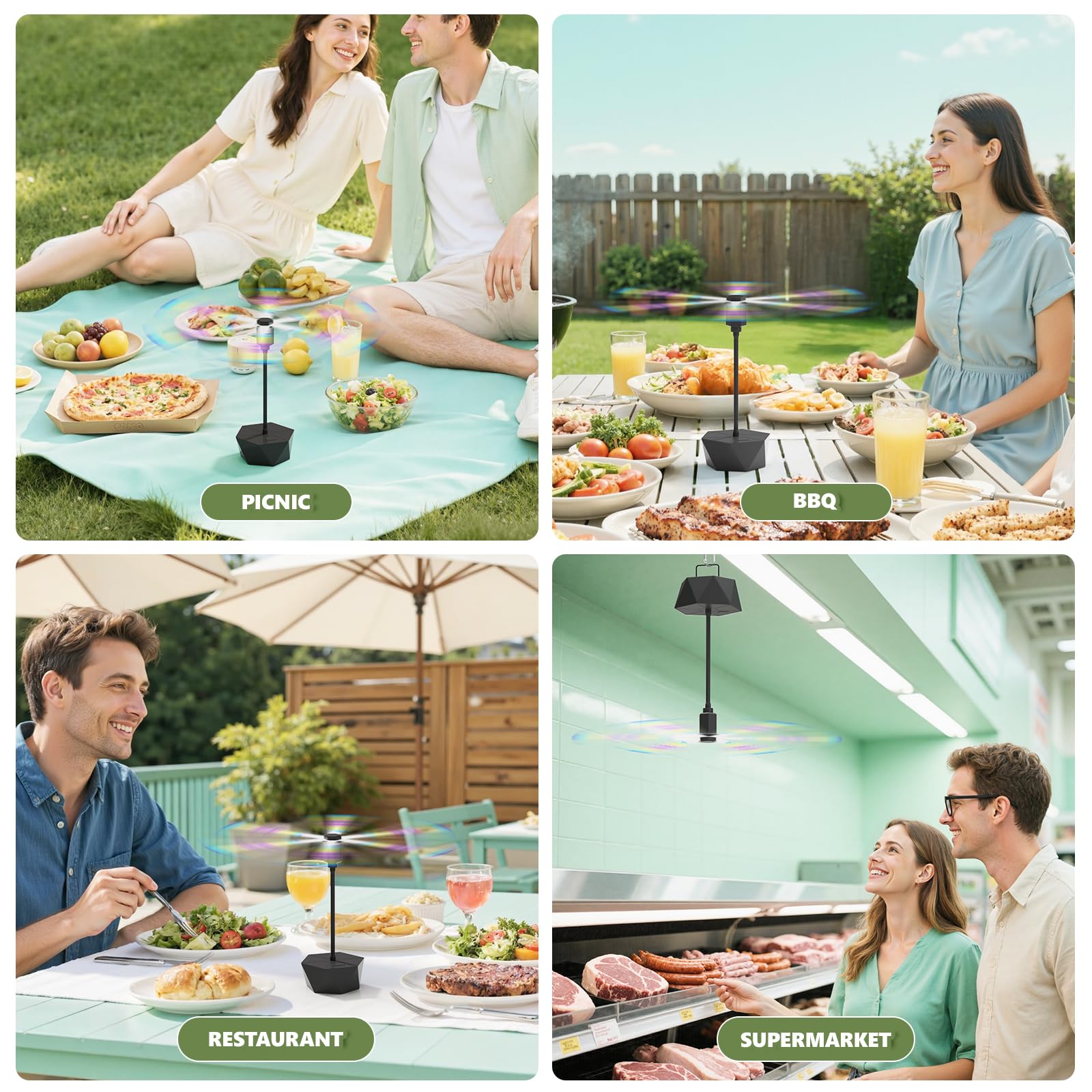 Portable Battery Powered Fly Fans for Tables Up to 15 Hours Working Time, 4-Pack Indoor Outdoor Food Fan with Flexible Goose-Neck Blades for Home Restaurant Party Picnic Patio BBQ, Jet Black