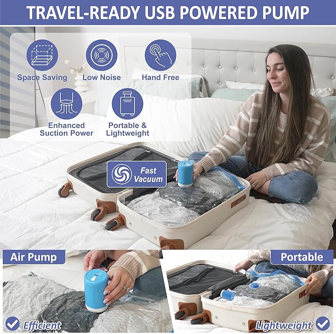 Cozy Essential Travel Vacuum Storage Bags with Rechargeable Cordless USB Pump, Space Saver Bags for Luggage, Suitcase, Carry-On, for Clothes, Blankets, Bedding & Seasonal Storage,15 Combo