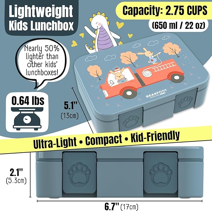 BEARFOOT Kids Lunch Box with Compartments – Compact & Lightweight | Leak-Proof, BPA-Free, Dishwasher Safe | Hand-Drawn Design for Preschool, School, Travel (Firetruck Bunnies Blue, 2.75 Cups)
