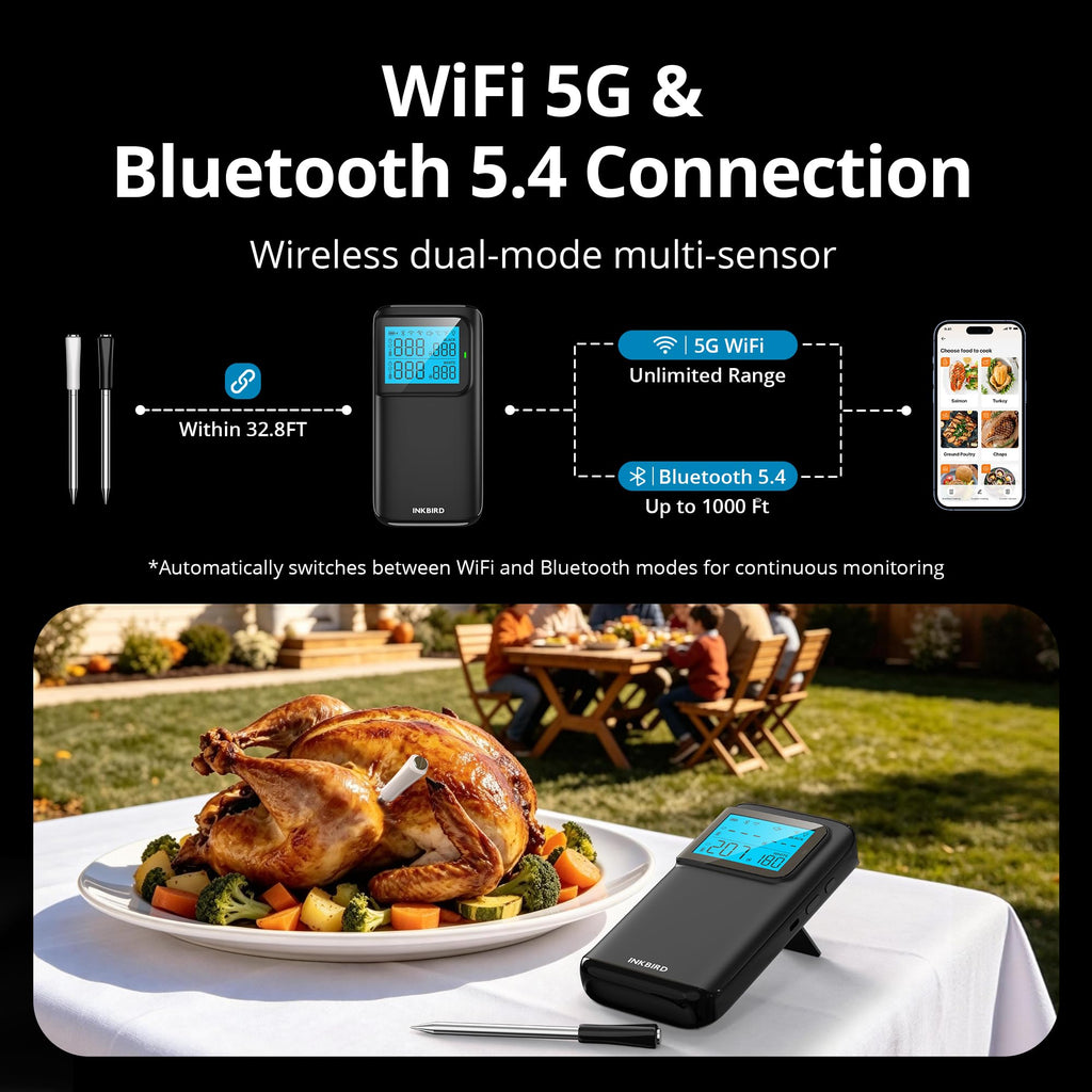 INKBIRD Wireless Dual Mode Multi-Sensor Meat Thermometer, WiFi 5G and Bluetooth 5.4 Connection, 2 Probes with 5 Sensors, CNAS-accredited Accuracy, for BBQ, Grill, Smoker, Oven, Kitchen