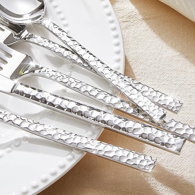 20 Piece Hammered Silverware Set, 18/10 Stainless Steel Flatware Set for 4