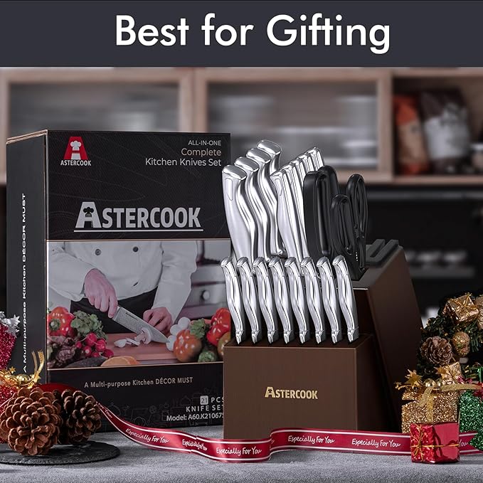 Knife Set, Astercook 21 Pieces Kitchen Knife Set with Built-in Sharpener, German Stainless Steel Knife Block Set, Razor-Sharp Knives with Full-tang Handle, Dishwasher Safe Kitchen Utensils Set